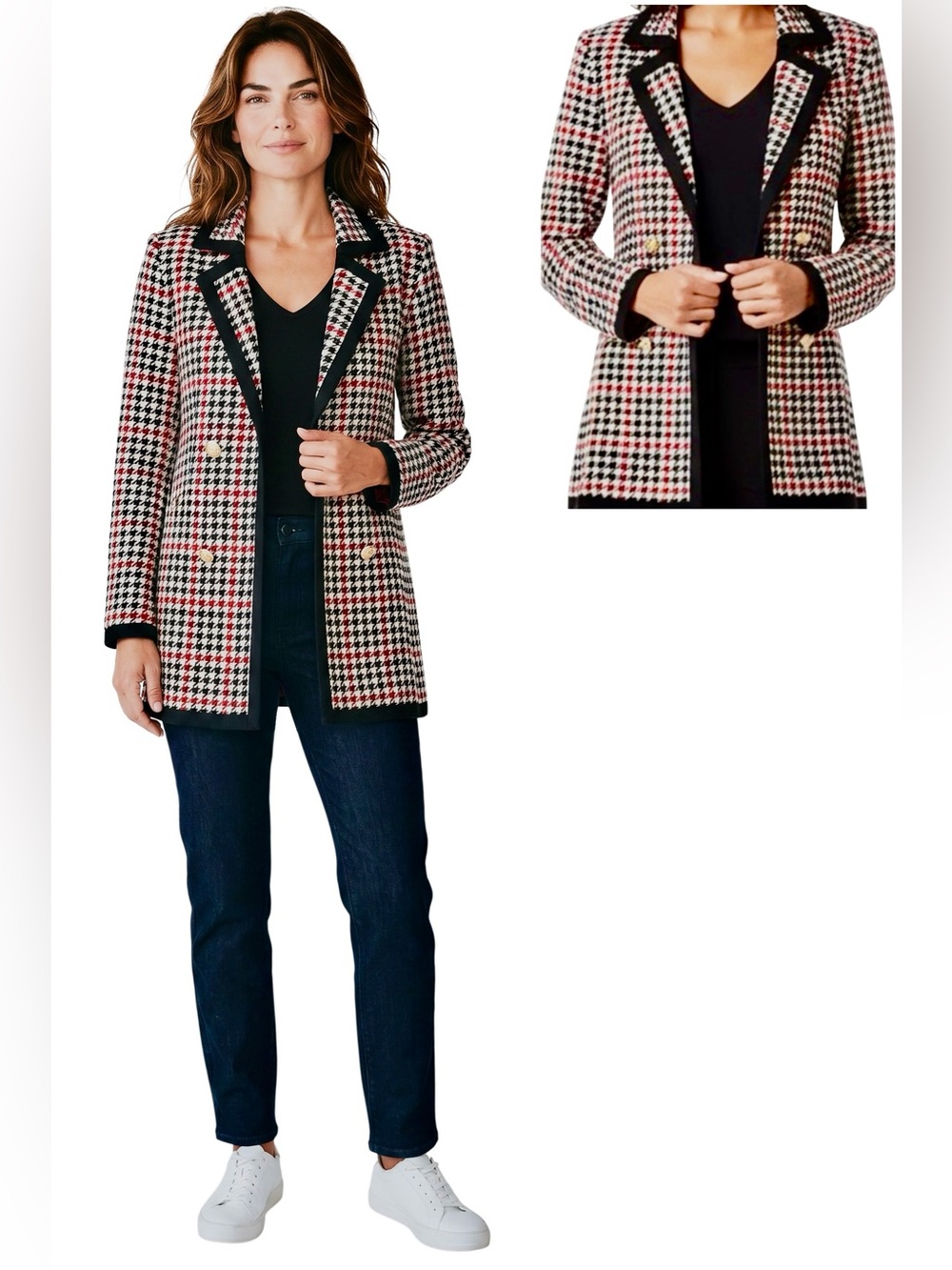 Anne Klein Titian Red Multicolor Houndstooth Blazer